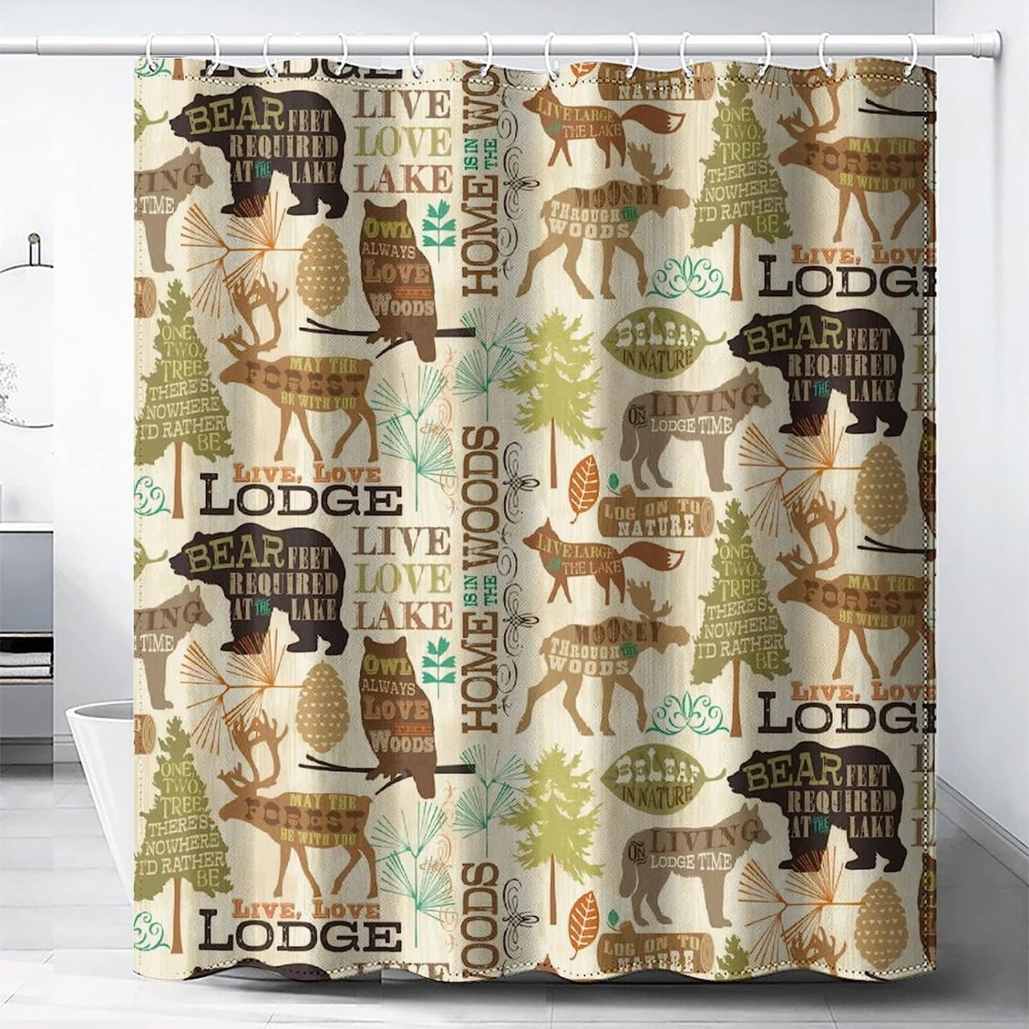 Vintage Forest Animals Shower Curtain - Rustic Cabin Design with Bear, Deer, Owl and Wolf