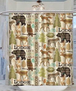 Vintage Forest Animals Shower Curtain - Rustic Cabin Design with Bear, Deer, Owl and Wolf