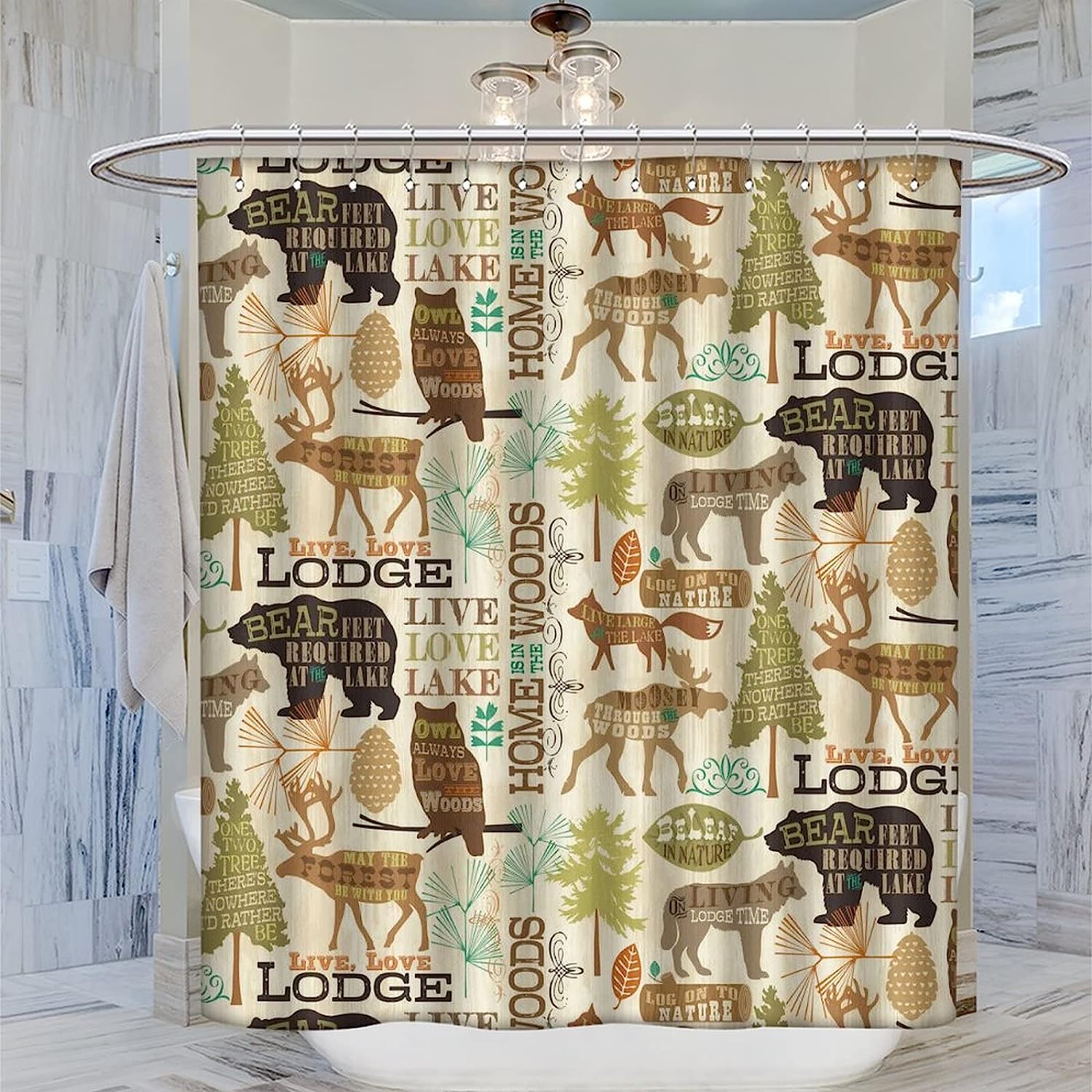 Vintage Forest Animals Shower Curtain - Rustic Cabin Design with Bear, Deer, Owl and Wolf