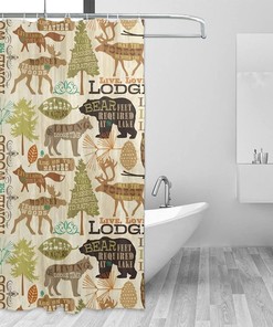 Vintage Forest Animals Shower Curtain - Rustic Cabin Design with Bear, Deer, Owl and Wolf