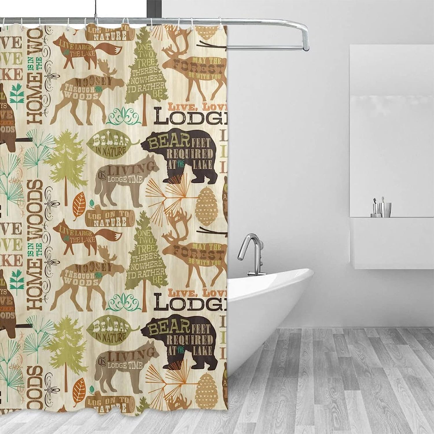 Vintage Forest Animals Shower Curtain - Rustic Cabin Design with Bear, Deer, Owl and Wolf
