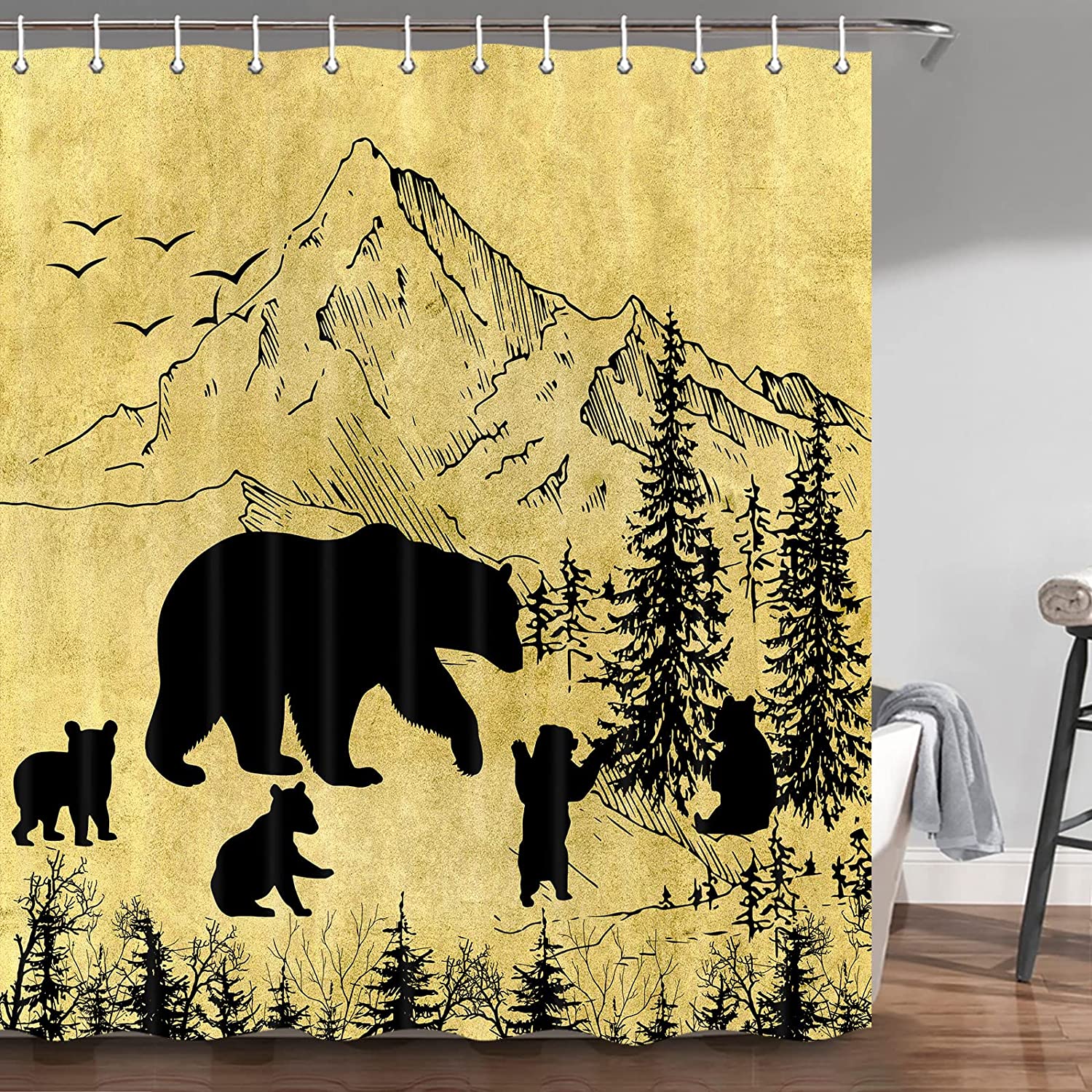 Vintage Forest Black Bear Shower Curtain For Rustic Lodge Cabin Bathroom Accessoriess - Image 2