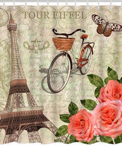 Vintage France Eiffel Tower with Bicycle Butterfly Leaf Rose Flower Print Shower Curtain