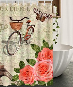 Vintage France Eiffel Tower with Bicycle Butterfly Leaf Rose Flower Print Shower Curtain