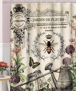 Vintage French Bee Garden Floral Watering Can Home Decor Shower Curtain Ideas Waterproof Washable