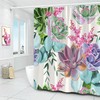 Vintage Garden Nature Plant Botanical Pattern Shower Curtain with Pink Flowers, Green Leaves, and Succulents