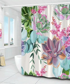 Vintage Garden Nature Plant Botanical Pattern Shower Curtain with Pink Flowers, Green Leaves, and Succulents