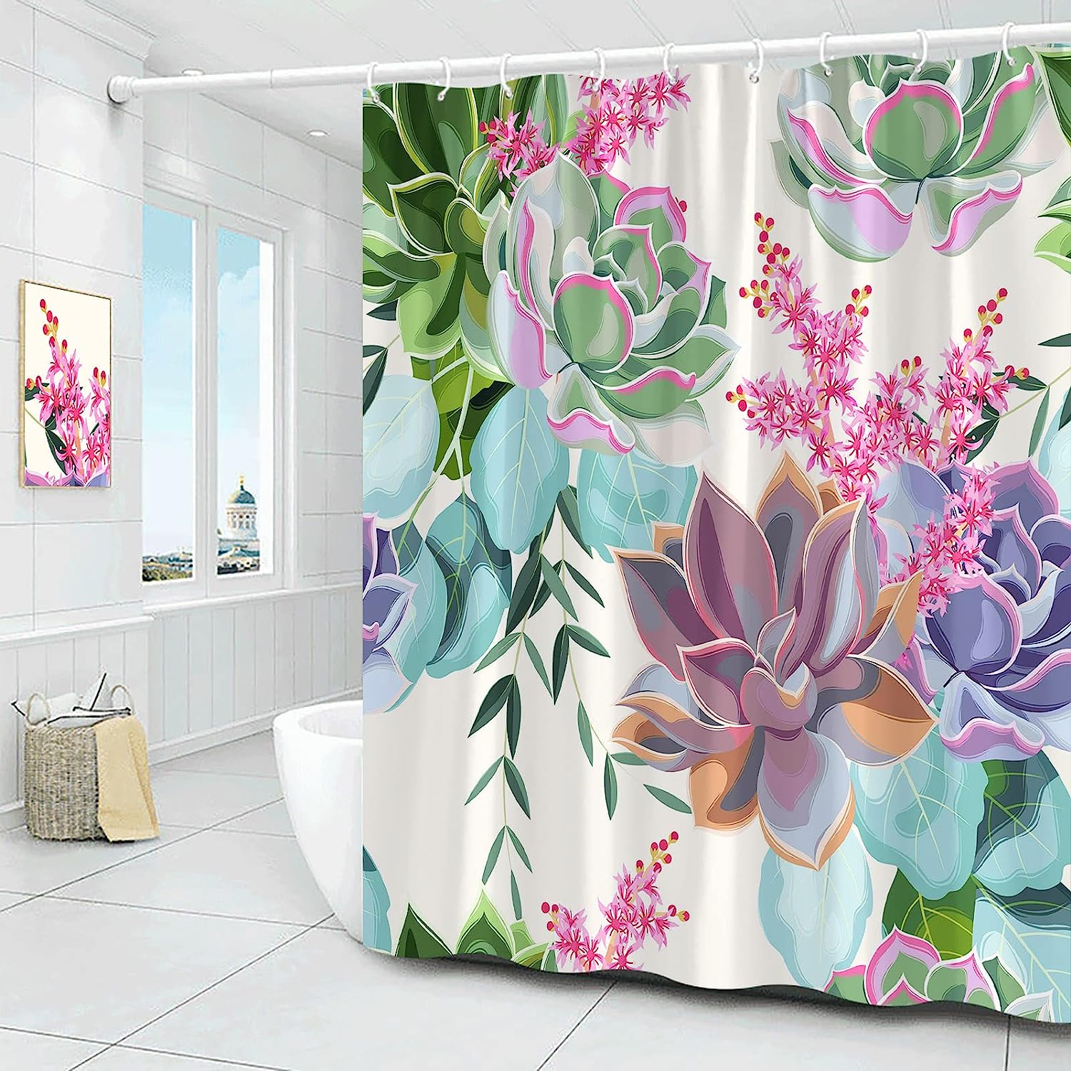 Vintage Garden Nature Plant Botanical Pattern Shower Curtain with Pink Flowers, Green Leaves, and Succulents