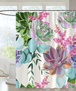 Vintage Garden Nature Plant Botanical Pattern Shower Curtain with Pink Flowers, Green Leaves, and Succulents