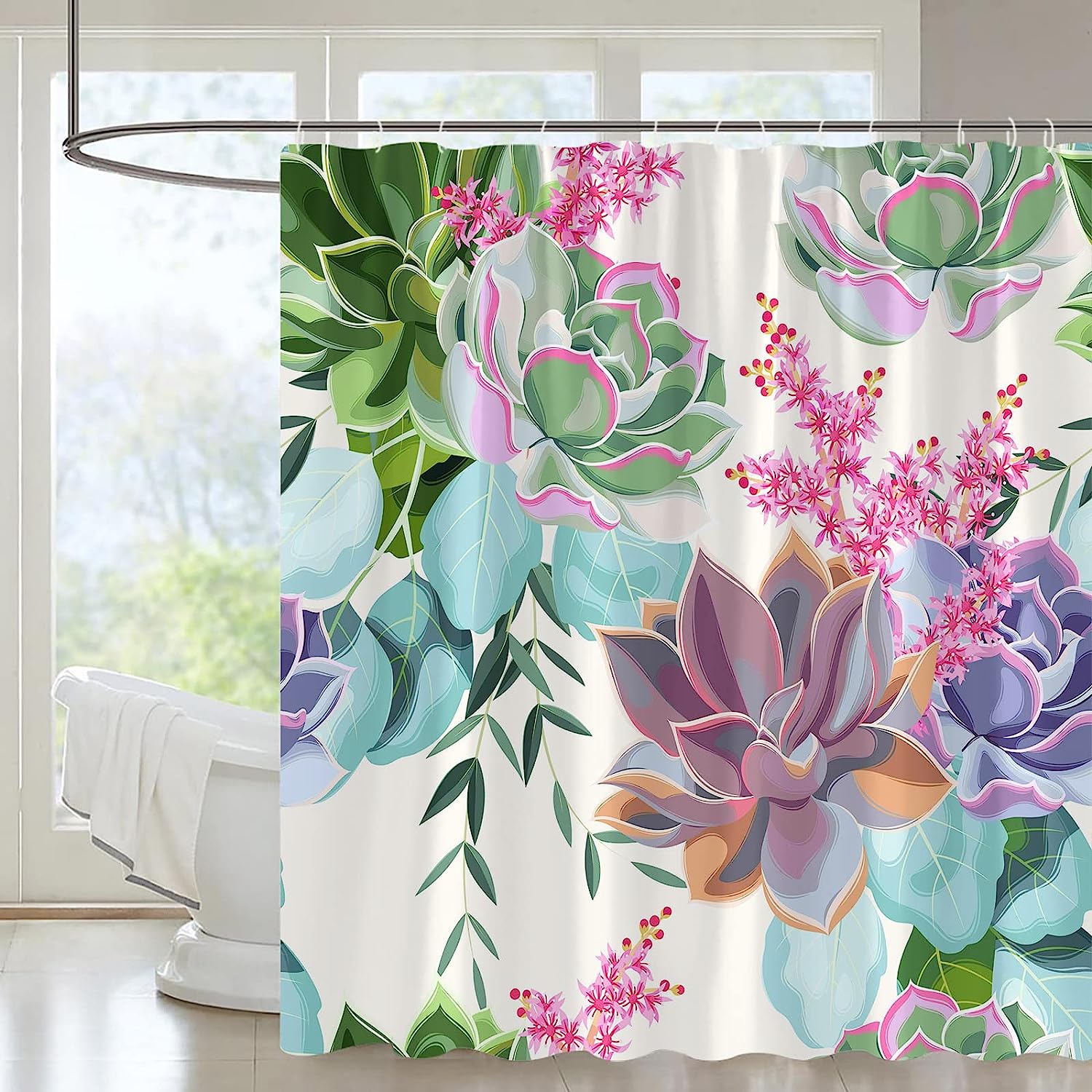 Vintage Garden Nature Plant Botanical Pattern Shower Curtain with Pink Flowers, Green Leaves, and Succulents