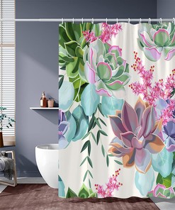 Vintage Garden Nature Plant Botanical Pattern Shower Curtain with Pink Flowers, Green Leaves, and Succulents