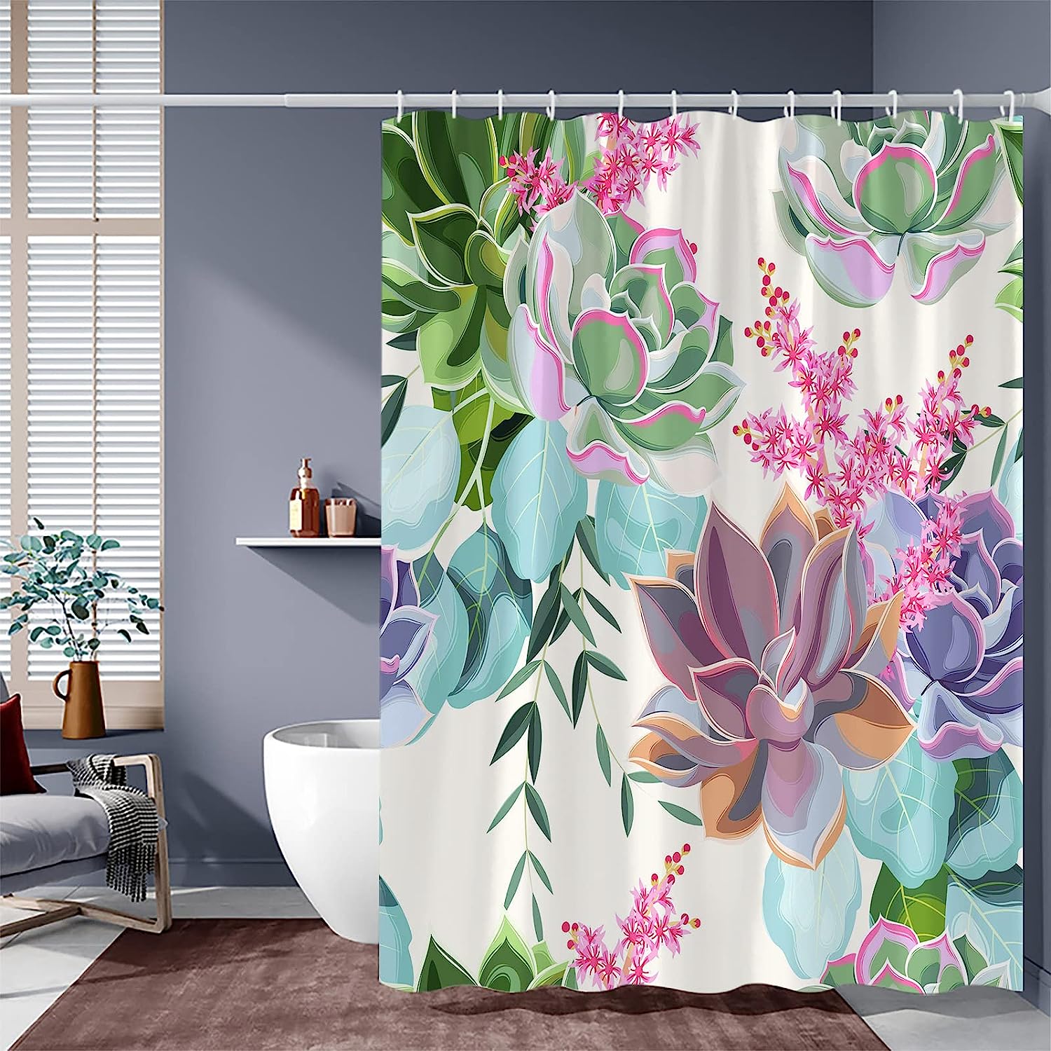 Vintage Garden Nature Plant Botanical Pattern Shower Curtain with Pink Flowers, Green Leaves, and Succulents