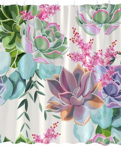 Vintage Garden Nature Plant Botanical Pattern Shower Curtain with Pink Flowers, Green Leaves, and Succulents