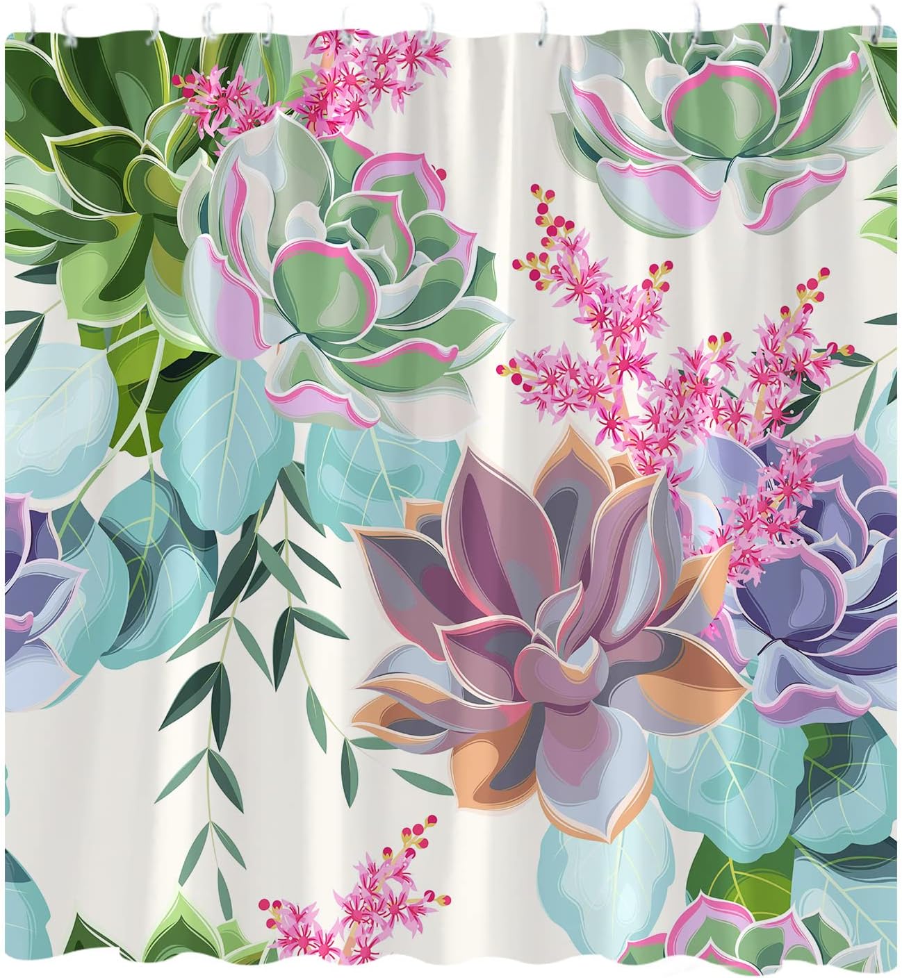 Vintage Garden Nature Plant Botanical Pattern Shower Curtain with Pink Flowers, Green Leaves, and Succulents
