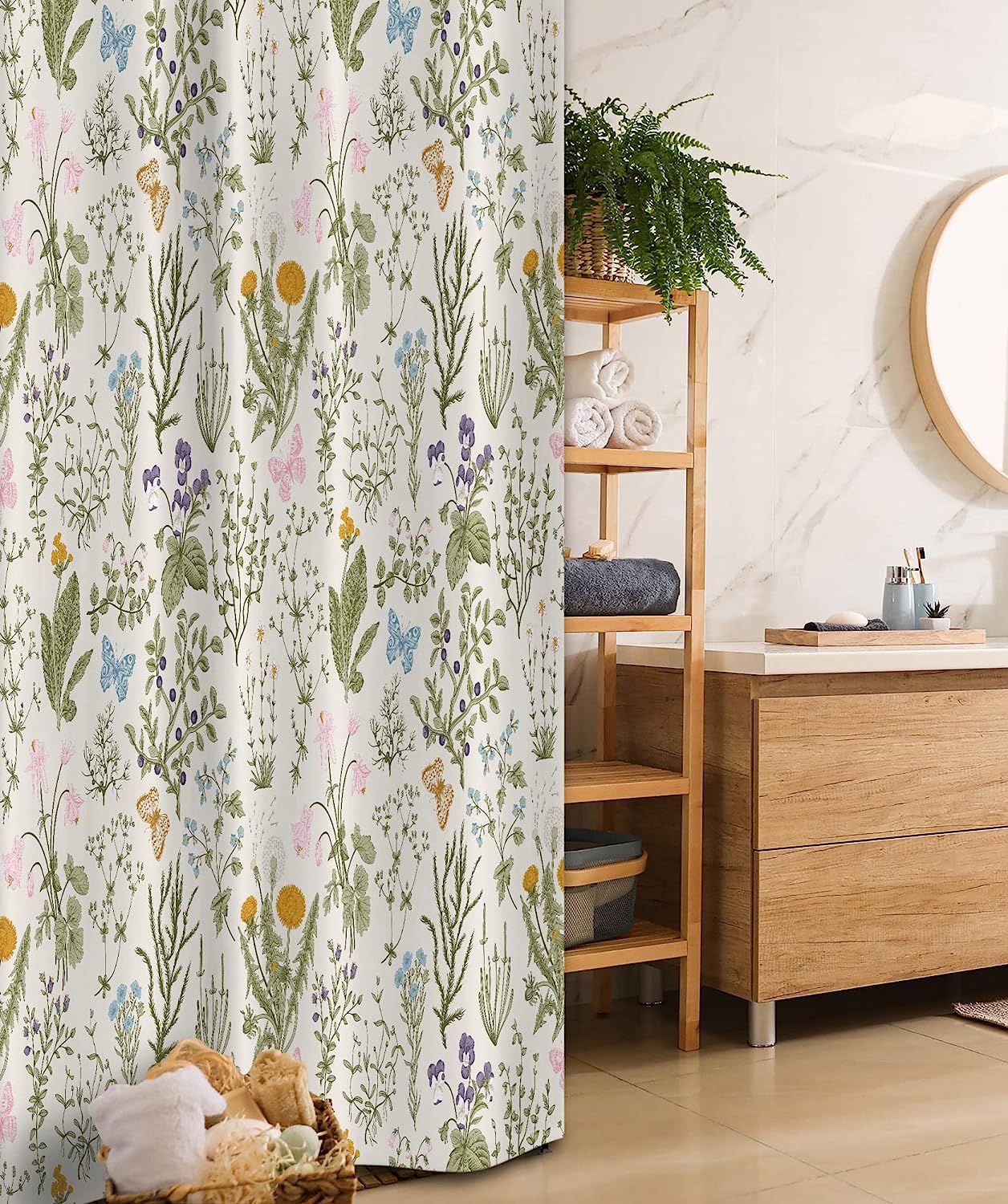 Vintage Garden Plants Herbs Flowers Botanical Classic Shower Curtain, Fabric Bathroom Decors, Pink Blue Stall