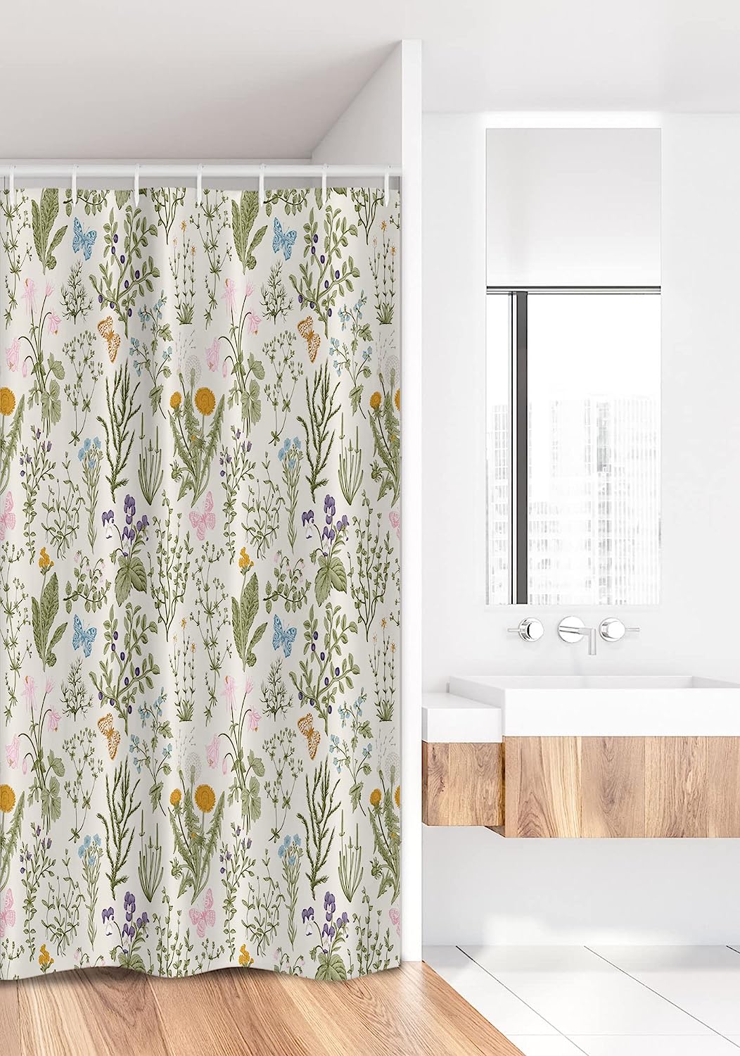 Vintage Garden Plants Herbs Flowers Botanical Classic Shower Curtain, Fabric Bathroom Decors, Pink Blue Stall - Image 2