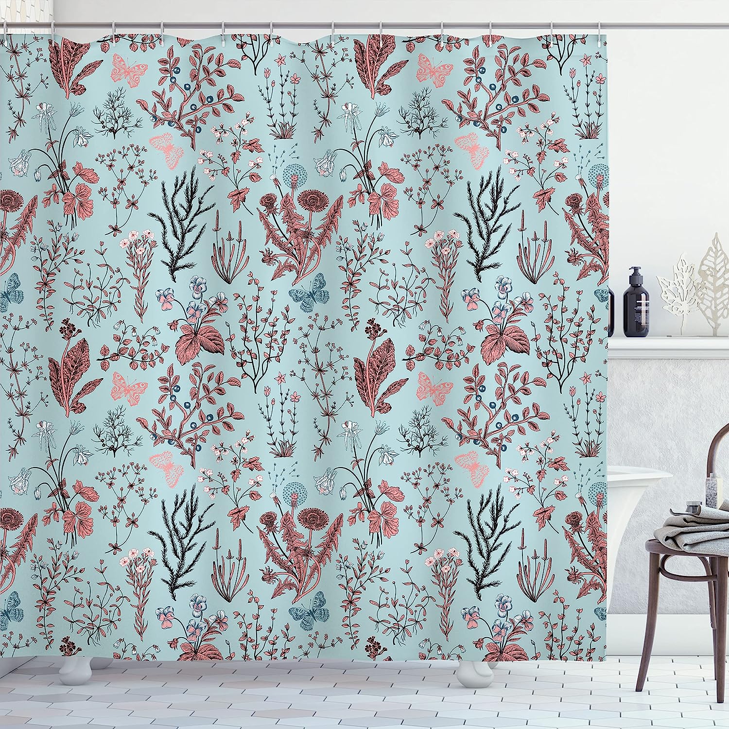 Vintage Garden Plants Herbs Flowers Shower Curtain, Botanical Classic Design Illustration Cloth Fabric Bathroom Decors