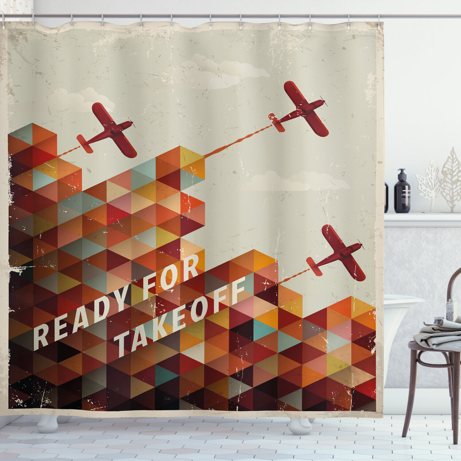 Vintage Geometric Airplane Printed Shower Curtain For Travel-Loving Bathrooms