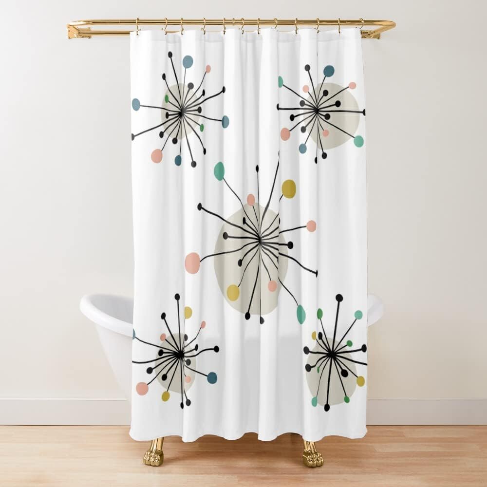 Vintage Geometric Design Mid Century Modern Atomic Starburst Shower Curtain for a Retro Bathroom Dcor
