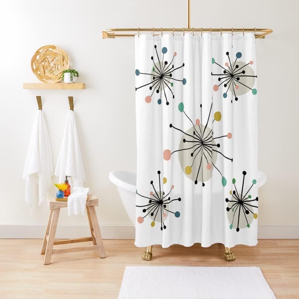 Vintage Geometric Design Mid Century Modern Atomic Starburst Shower Curtain for a Retro Bathroom Dcor
