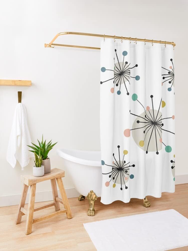 Vintage Geometric Design Mid Century Modern Atomic Starburst Shower Curtain for a Retro Bathroom Dcor