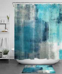 Vintage Geometric Pattern Shower Curtain, Teal Blue White Retro Bathroom Decor