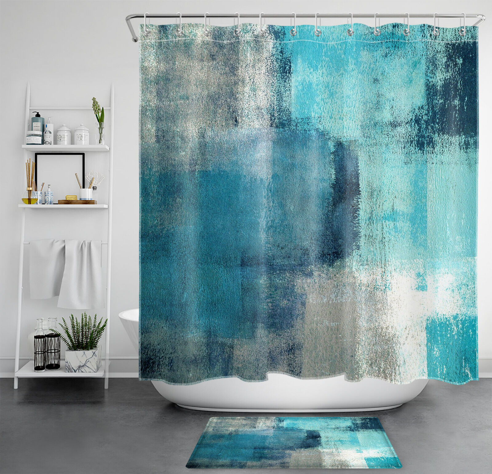 Vintage Geometric Pattern Shower Curtain, Teal Blue White Retro Bathroom Decor