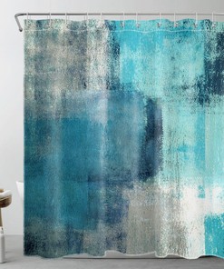 Vintage Geometric Pattern Shower Curtain, Teal Blue White Retro Bathroom Decor