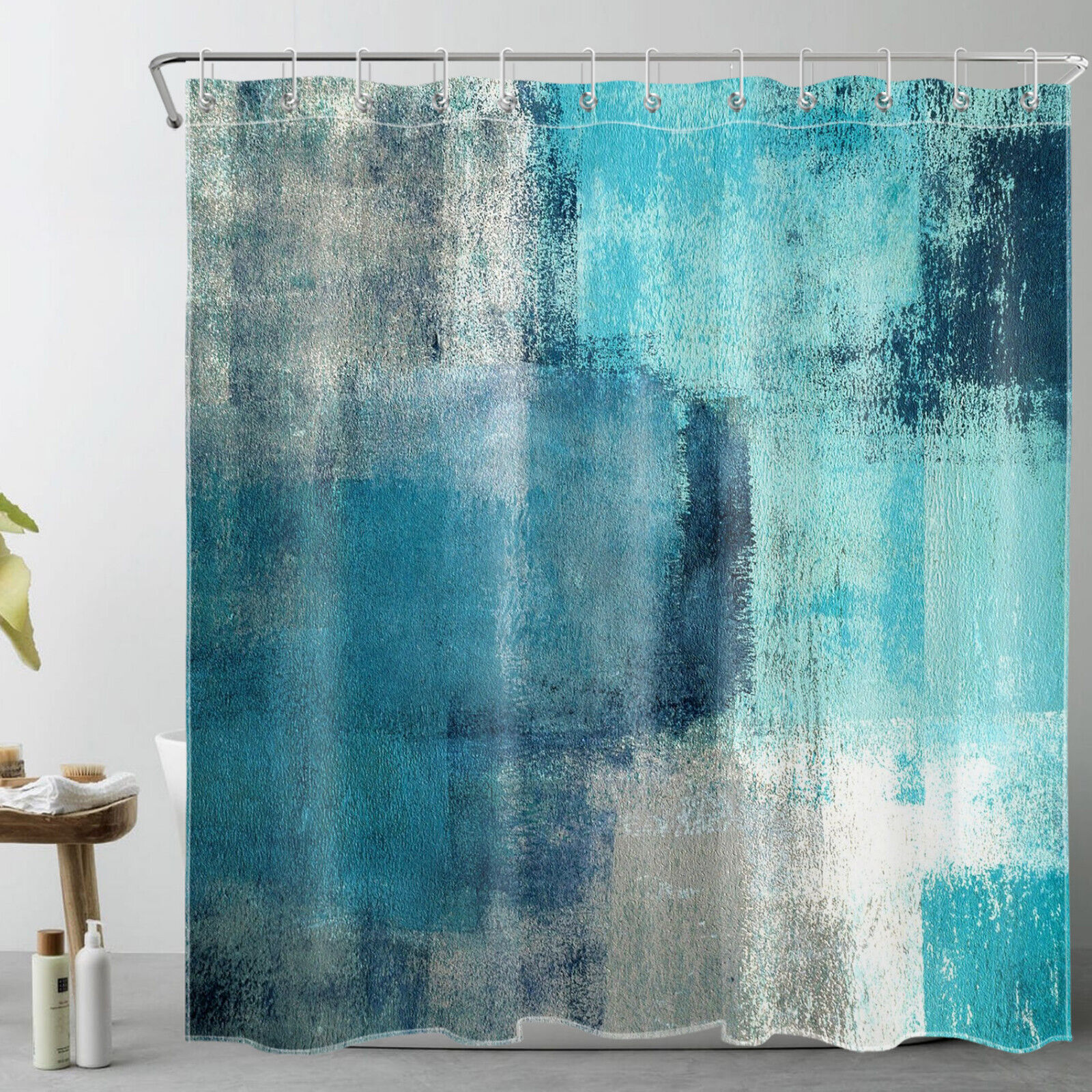 Vintage Geometric Pattern Shower Curtain, Teal Blue White Retro Bathroom Decor