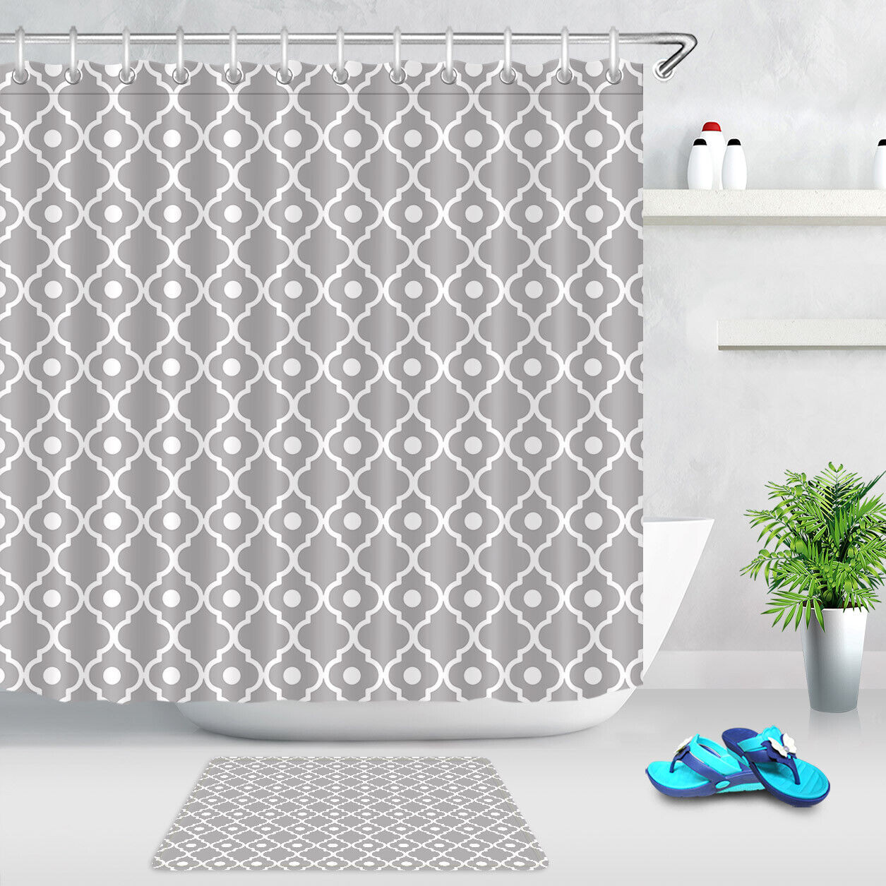 Vintage Gray and White Geometric Shower Curtain - Retro Print Design for a Stylish Bathroom