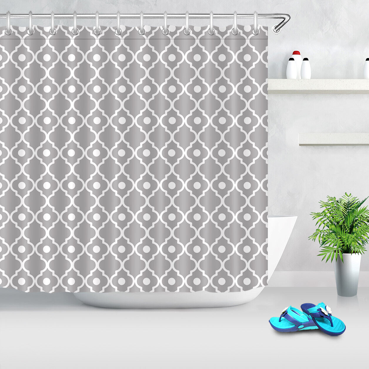 Vintage Gray and White Geometric Shower Curtain - Retro Print Design for a Stylish Bathroom