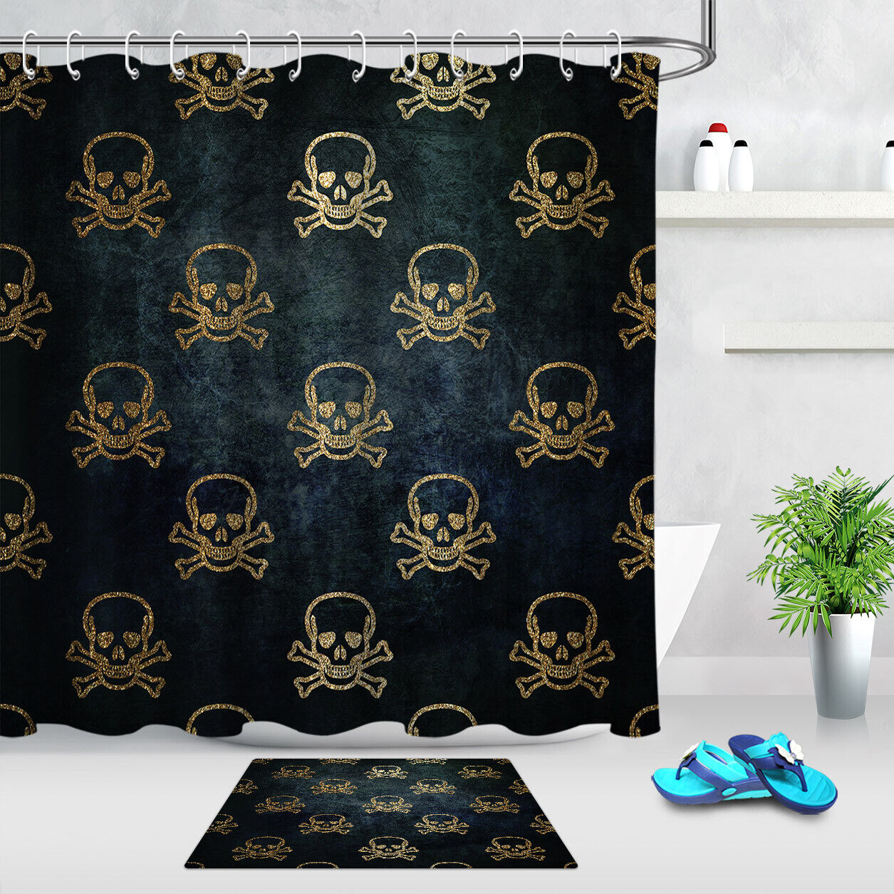 Vintage Halloween Gold Skull Fabric Shower Curtain - Spooky Bathroom Decoration