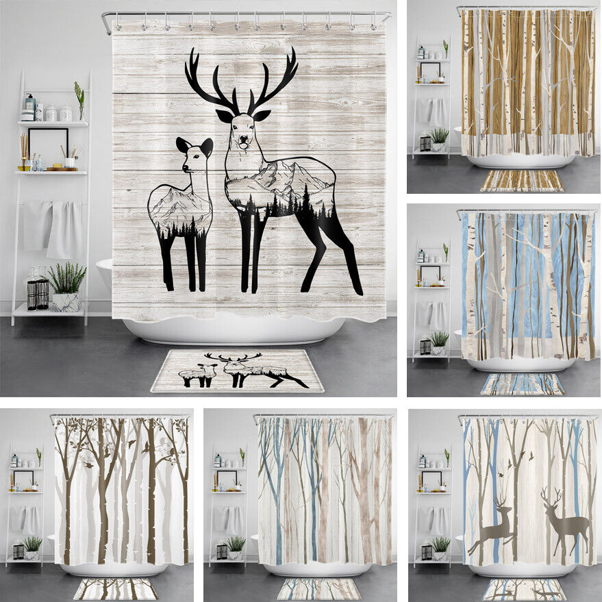Vintage Hand Painted Birch Forest Tree Shower Curtain for Bathroom