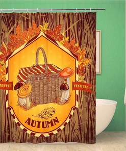 Vintage Harvest Festival Shower Curtain with Mushrooms and Leaves, Rustic Bathroom Decor 