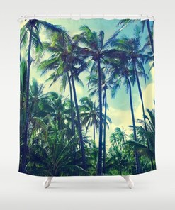 Vintage Hawaiian Palms Shower Curtain with Tropical Palms and Green Leaves