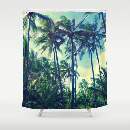 Vintage Hawaiian Palms Shower Curtain with Tropical Palms and Green Leaves