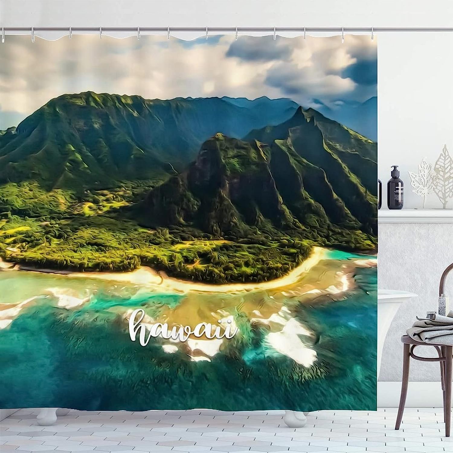 Vintage Hawaiian Shower Curtain with Impressionist City Print