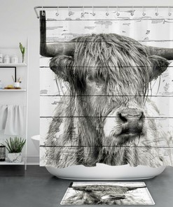 Vintage Highland Cow Shower Curtain - Rustic Wooden Planks with Cattle Design for Your Bathroom 