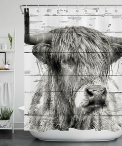 Vintage Highland Cow Shower Curtain - Rustic Wooden Planks with Cattle Design for Your Bathroom
