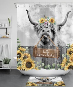 Vintage Highland Cow Shower Curtain with Sunflower and Plant details for a Cozy Bathroom