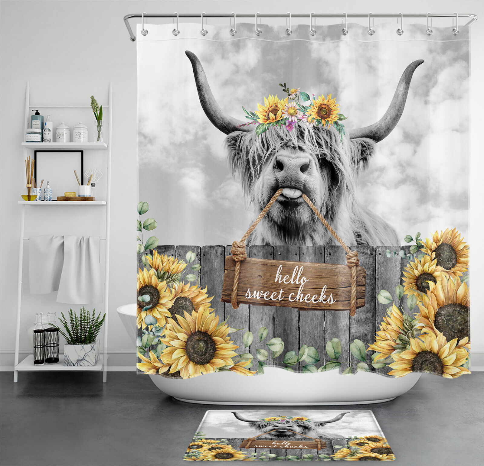 Vintage Highland Cow Shower Curtain with Sunflower and Plant details for a Cozy Bathroom