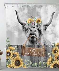 Vintage Highland Cow Shower Curtain with Sunflower and Plant details for a Cozy Bathroom