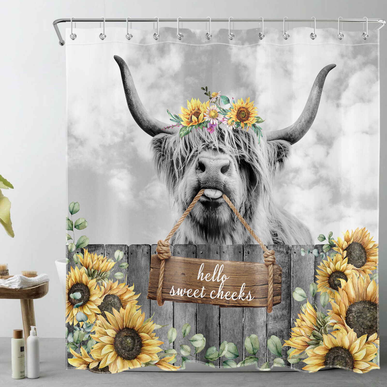Vintage Highland Cow Shower Curtain with Sunflower and Plant details for a Cozy Bathroom