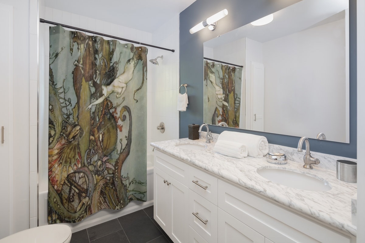 Vintage Illustration Shower Curtain Of Kraken & Little Mermaid By Edmund Dulac (1911) - Image 2