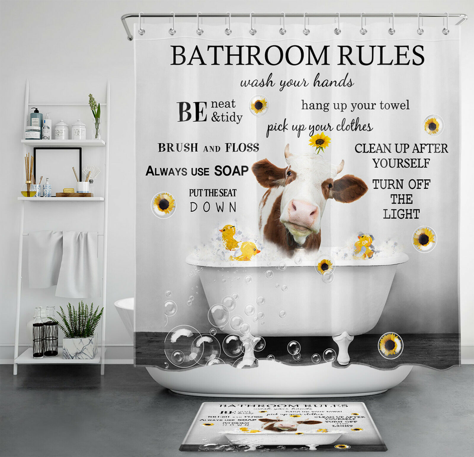 Vintage Inspirational Words Shower Curtain With Funny Tub Cow And Sunflower Design