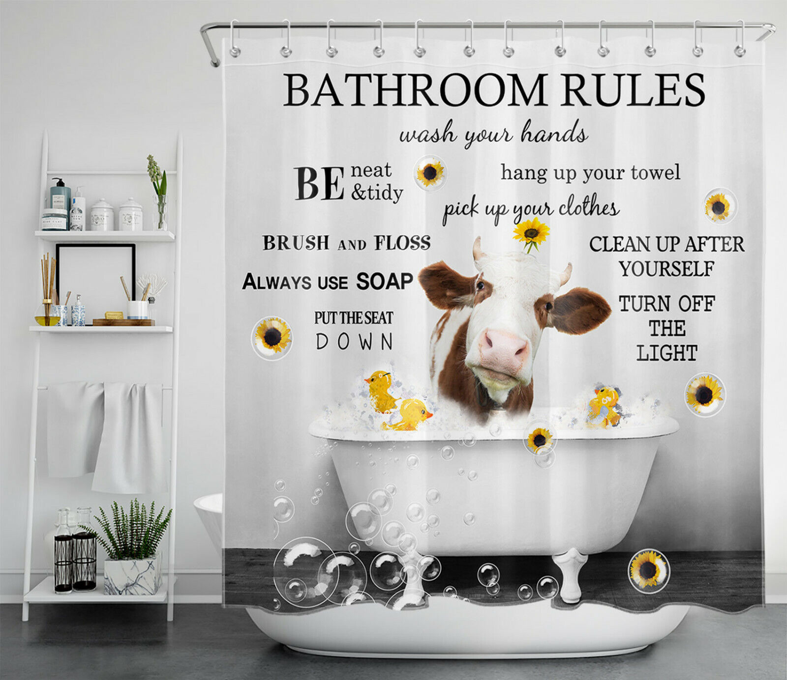 Vintage Inspirational Words Shower Curtain With Funny Tub Cow And Sunflower Design