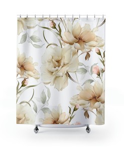 Vintage Ivory Cream Peonies On White Beige Botanical Shower Curtain Set - Minimalist Bathroom Chic Aesthetic