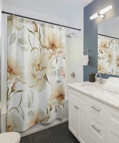 Vintage Ivory Cream Peonies On White Beige Botanical Shower Curtain Set - Minimalist Bathroom Chic Aesthetic