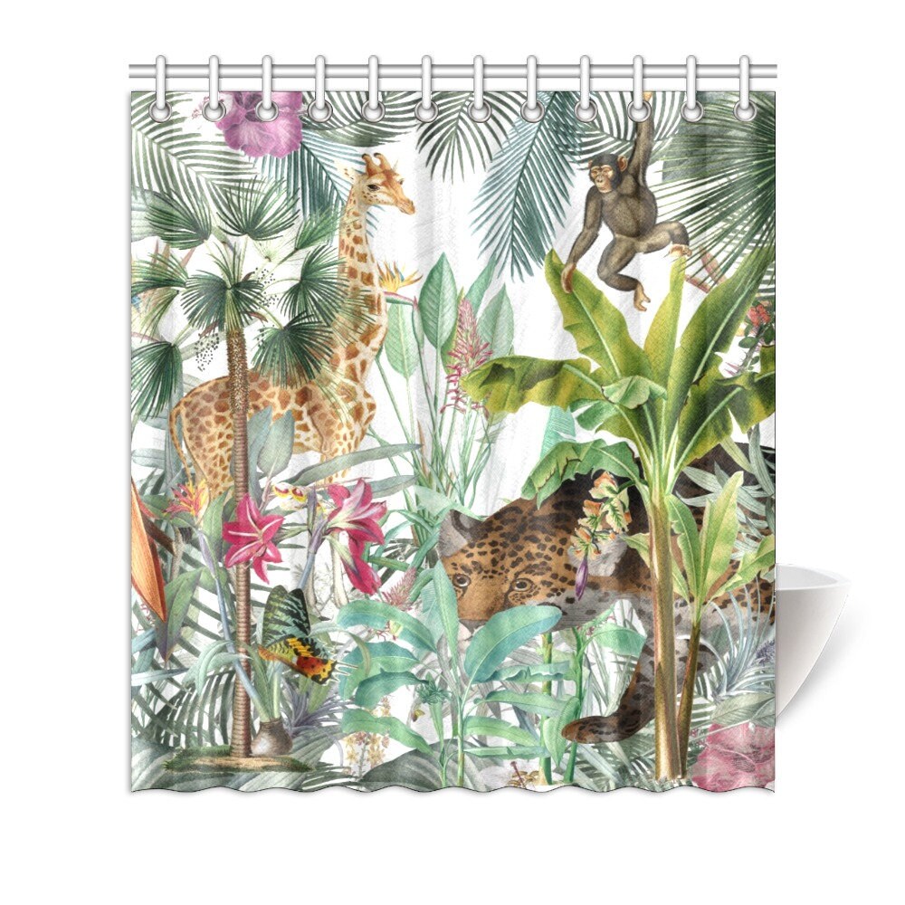 Vintage Jungle Palm Giraffe Leopard Monkey Shower Curtain for Altered Image