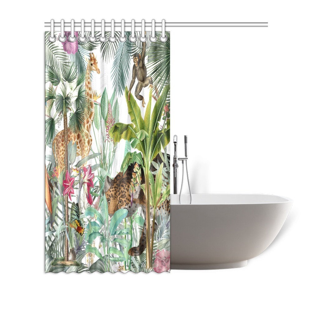 Vintage Jungle Palm Giraffe Leopard Monkey Shower Curtain for Altered Image